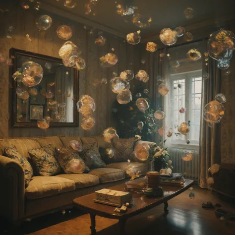 some small viruses floating in the air, living room, masterpiece, best quality, high resolution, photorealistic