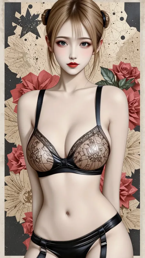 style retro classic, master piece:1.5、(minimal art, line drawing), korean woman、silence、An ennui look、Densely drawn, metallic gold lace lingerie, huge breasts, portrait, thin waist, metallic gold bra and panties, thigh highs, thick thighs, sexy, arms behin...