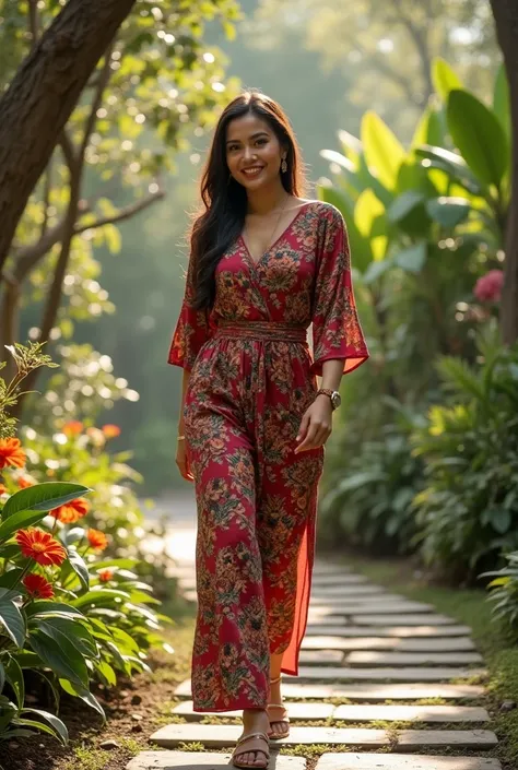 A beautiful Indonesian woman walking gracefully in a serene garden. She has radiant features and wears a traditional yet modern outfit, blending batik patterns with contemporary fashion. The lush garden is filled with vibrant flowers, tropical greenery, an...