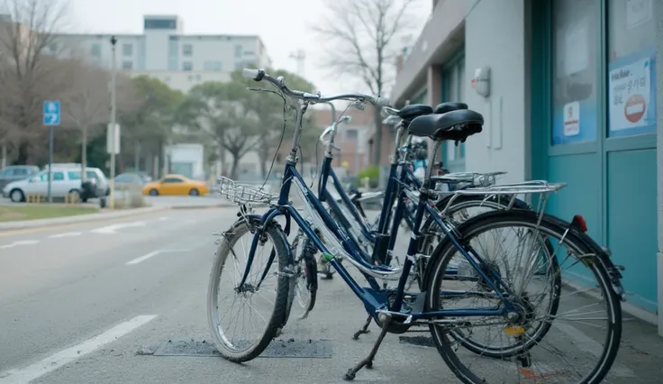 Close-up of 2 bicycles lined up, in the back parking lot of a school in South Korea during the day, and near the outer wall of a classroom of a tall classroom building, daytime, outdoor