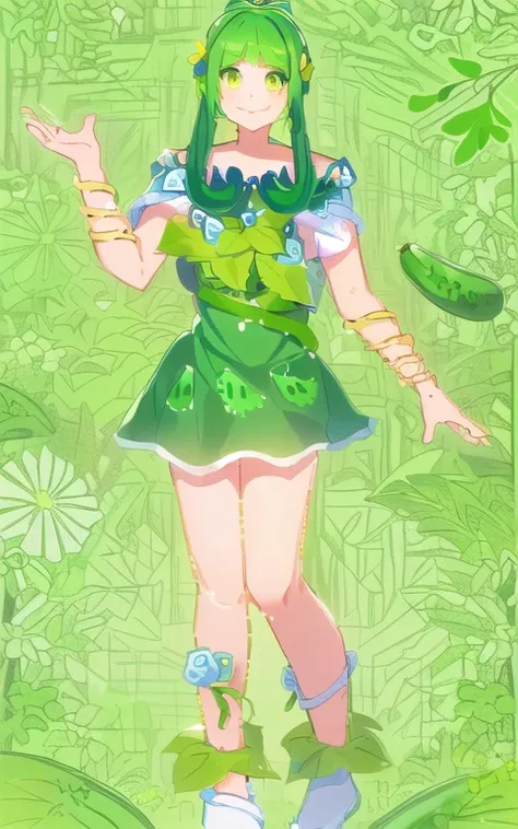 bare skin， The girl personification of a cucumber ，Has green curved cucumber hair and green eyes， with yellow flowers on the head ， The clothes on the body are the leaves of the cucumber 、Flowers、vine、Cucumber section 組合成，裙子是Cucumber section 的形狀， decorated...