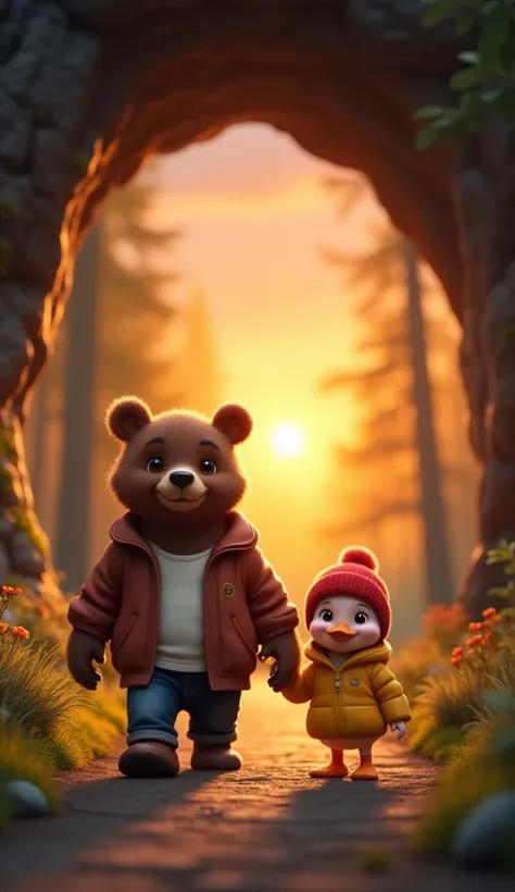 A small pink duckling wearing a yellow jacket and red hat, along with a big bear wearing a brown jacket with a white t-shirt and jeans came out of the cave when the forest was bright again. They walked on the path, the duck holding the bear's hand with a h...