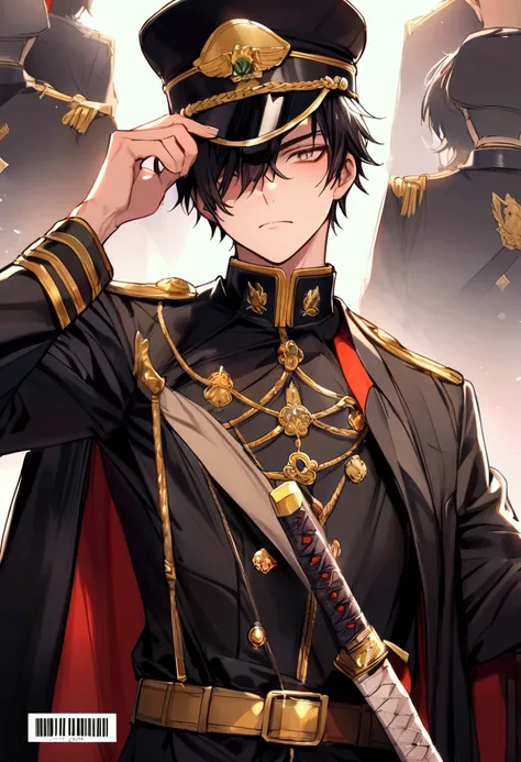 a young adult boy,  male,  Black hair, Eyes with red irises, black overcoat as a cover ,  black clothes reminiscent of those of the old soldiers,  army lieutenant hat , katana at the waist, Eye slap with gold details on the left eye .