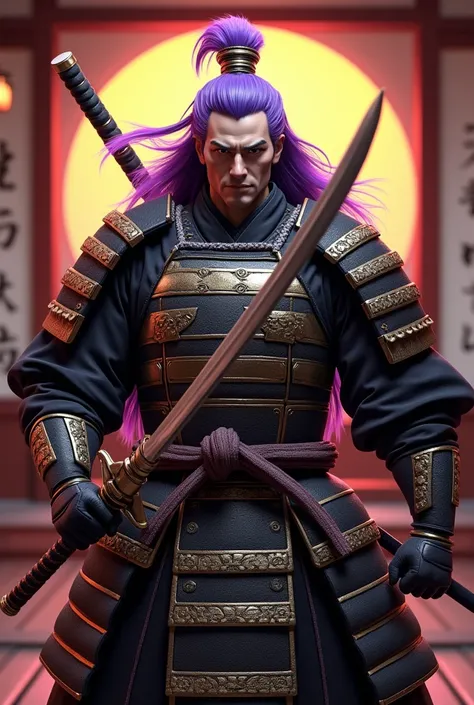 detailed muscular samurai, large sword on back, purple hair, wig, armor, stern expression, traditional japanese background, intricate details, photorealistic, octane render, cinematic lighting, dynamic pose, dramatic shadows, vibrant colors, hyper realisti...