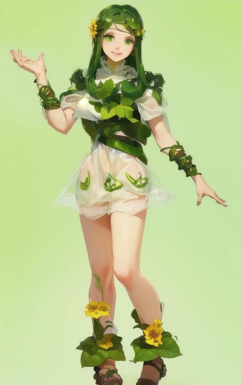 bare skin， The girl personification of a cucumber ，Has green curved cucumber hair and green eyes， with yellow flowers on the head ， The clothes on the body are the leaves of the cucumber 、Flowers、vine、Cucumber section 組合成，裙子是Cucumber section 的形狀， decorated...