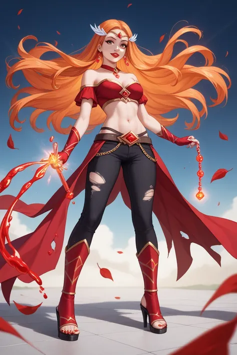 A blood mage-inspired outfit for Orihime combines dark, mystical elements with her unique charm while keeping her navel and feet exposed:

Top: Orihime wears a fitted, dark red crop top made from a stretchy, blood-red fabric that hugs her torso. The top ha...