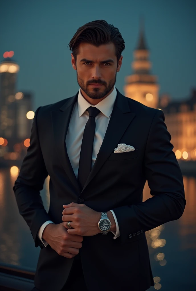  attractive suit with watch in hand and good face shape with attractive hunter eyes and superb hairstyle with 
 muscular Jawline and charming face, great buildings and lots of money and security helicopter and luxurious cars and a big mansion behind him an...