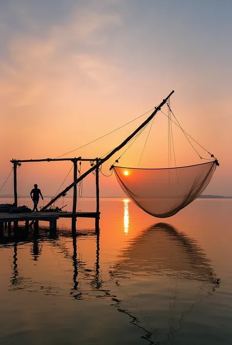 "A serene sunset over a calm lake or estuary, featuring a traditional Southeast Asian fishing structure made of wooden poles and beams, with a large, suspended fishing net resembling a cantilever design. The structure is built over the water, with a person...