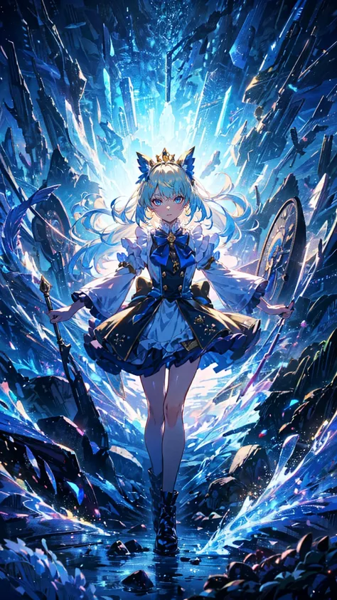 長い白い dress に流れるような青いアクセントを持つ美しい若い雪の女神,  Standing in a Snowy Forest ,  Long flowing white hair dancing around her ,  Sparkling Spiritual Wind Spirit ,  gentle face ,  beautiful detailed eyes,  lips with beautiful details, 非常に detailed face, long eyelashes, ...