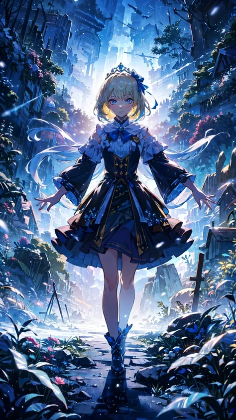 長い白い dress に流れるような青いアクセントを持つ美しい若い雪の女神,  Standing in a Snowy Forest ,  Long flowing white hair dancing around her ,  Sparkling Spiritual Wind Spirit ,  gentle face ,  beautiful detailed eyes,  lips with beautiful details, 非常に detailed face, long eyelashes, ...