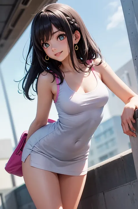 A beautiful girl in a miniskirt leaning on a railing, anime girl, 1 girl, black hair, french braid, hair intakes, hair over shoulder, long hair, straight hair, shiny hair, hair bow, constricted pupils, light green eyes, earrings, shy, blush, fingersmile, n...