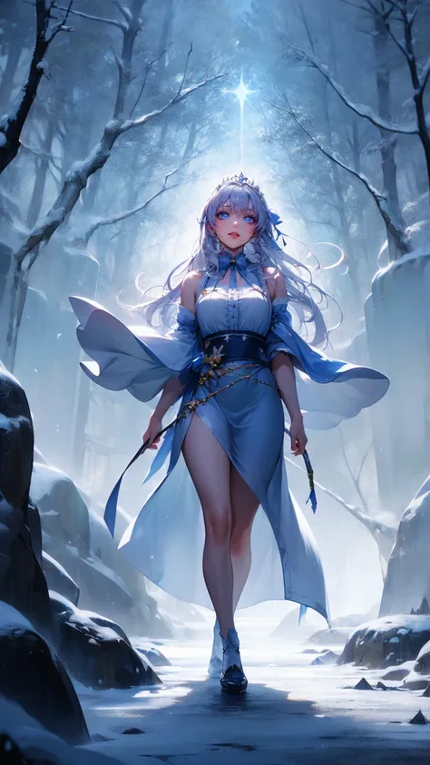 長い白い dress に流れるような青いアクセントを持つ美しい若い雪の女神,  Standing in a Snowy Forest ,  Long flowing white hair dancing around her ,  Sparkling Spiritual Wind Spirit ,  gentle face ,  beautiful detailed eyes,  lips with beautiful details, 非常に detailed face, long eyelashes, ...