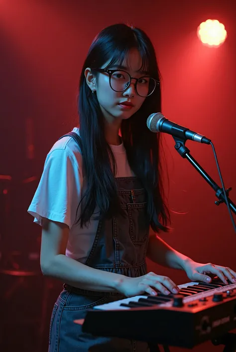 Hyperrealistic,  Japanese girl, slim skater pop punk shirt, overall seifuku skirt, thick black framed round glasses, microphone, cute pose, long black hair, standing, full body, playing vintage minimoog keyboard attractively, gloom stage background, Use so...