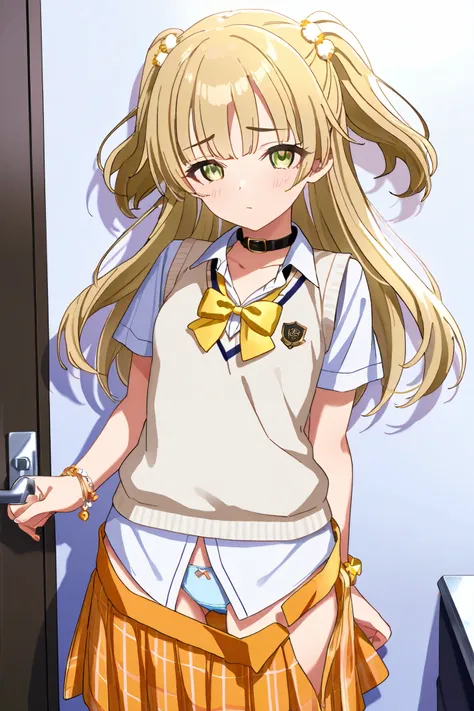 NSFW,masterpiece, best quality, high resolution, very detailed,Rika Jogasaki、Petite、 long hair、 blonde hair、 two side up、bangs、 hair ornament、 green eyes、 small breasts, hair tie 、uniform、clavicle、neck ribbon、 collar shirt、 sweater vest、Short sleeve、 brace...