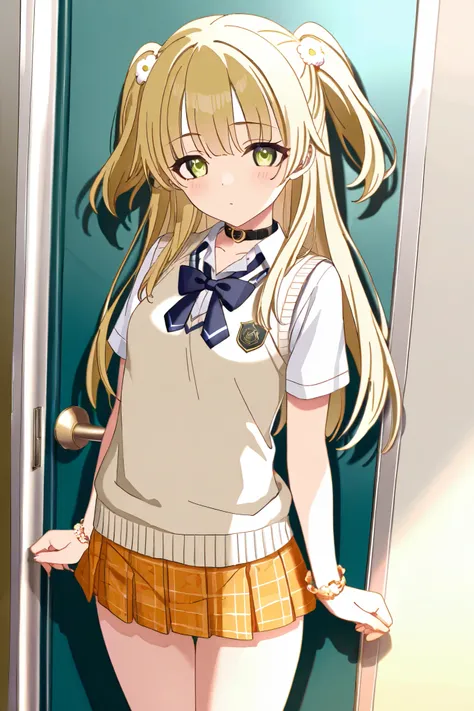 NSFW,masterpiece, best quality, high resolution, very detailed,Rika Jogasaki、Petite、 long hair、 blonde hair、 two side up、bangs、 hair ornament、 green eyes、 small breasts, hair tie 、uniform、clavicle、neck ribbon、 collar shirt、 sweater vest、Short sleeve、 brace...