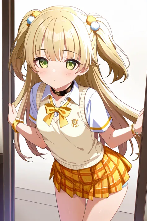 NSFW,masterpiece, best quality, high resolution, very detailed,Rika Jogasaki、Petite、 long hair、 blonde hair、 two side up、bangs、 hair ornament、 green eyes、 small breasts, hair tie 、uniform、clavicle、neck ribbon、 collar shirt、 sweater vest、Short sleeve、 brace...