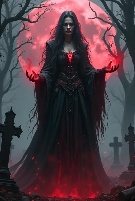 "A dark and menacing ancient female vampire stands in an eerie, shadowy graveyard, her presence commanding the atmosphere. She is casting blood magic, with crimson energy swirling around her hands, emanating an aura of power. Her long, flowing hair and tat...