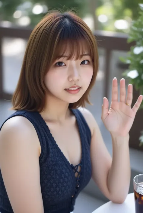 1girl, crowd, masterpiece, best quality, Cinematic photo, Japanese 18-year-old girl (short chestnut Hair, bangs reaching to her eyebrows, flat boobs), Complete Anatomy, Complete Hands, wearing a navy lace-up knit top is untucked, black tweed flare shorts, ...