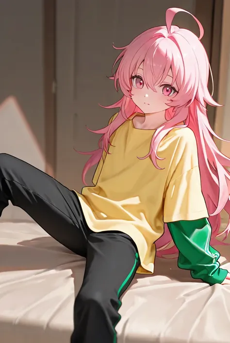 man,  pink hair ,  pink eyes, green sleeves, yellow shirt ,  black pants