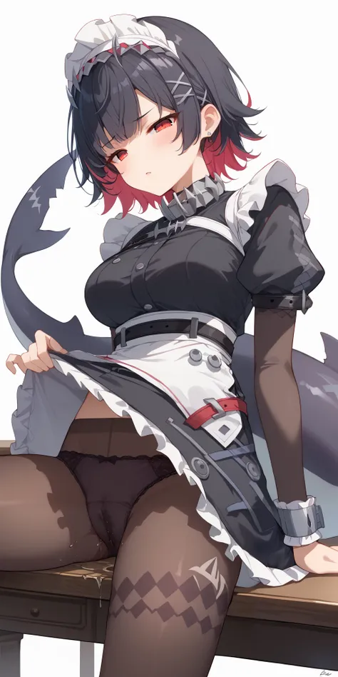 score_9, score_8_up, score_7_up,source_anime, high res image,masterpiece,best quality,girl,,1 girl, beautiful girl,ellen, red eyes, black hair, short hair, colored inner hair, hairclip, ear piercing, fins, shark tail, maid headdress, hair ornament, black d...