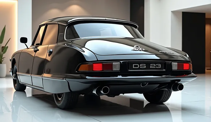 create an ultra-detailed 3D render of a modern, close-up side view of modern  1970 Citroen DS 23 With a bold design. The car should feature a "Gleamy glossy painted black " color with a prominent DS 23 logo on its prominent back, and headlights. The body s...