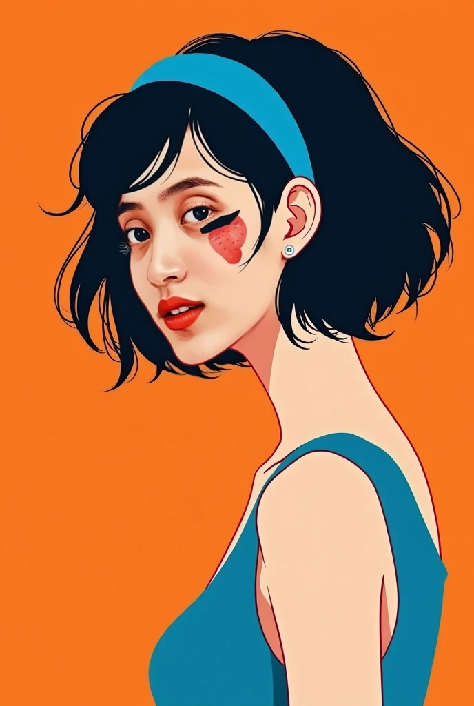 abstract illustration, beautiful woman with short black hair, wearing a blue headband. I'm feeling very, very intense pain. Above his head is the writing "When will you recover?" solid color, colorful orange blue. a very, very sad and deep feeling.