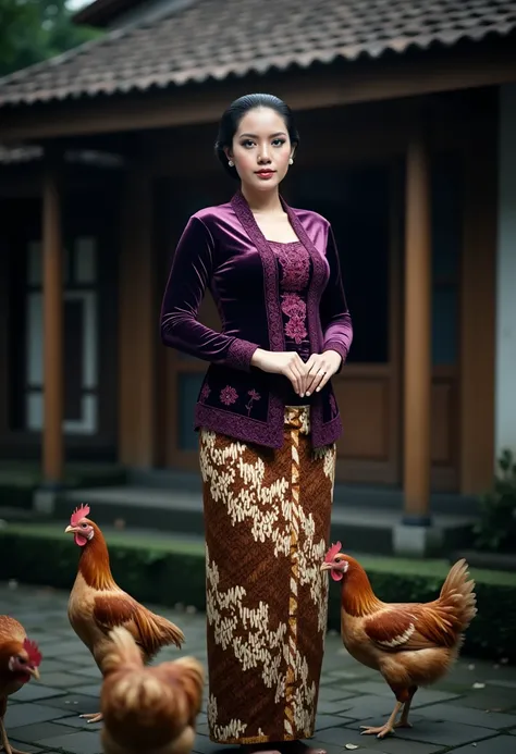 A quiet morning view of the village shows a young woman feeding chickens in front of a traditional wooden house with bamboo walls and a tile roof. in a traditional Javanese village atmosphere. She wore a kebaya with an intricate motif in dark purple fashio...