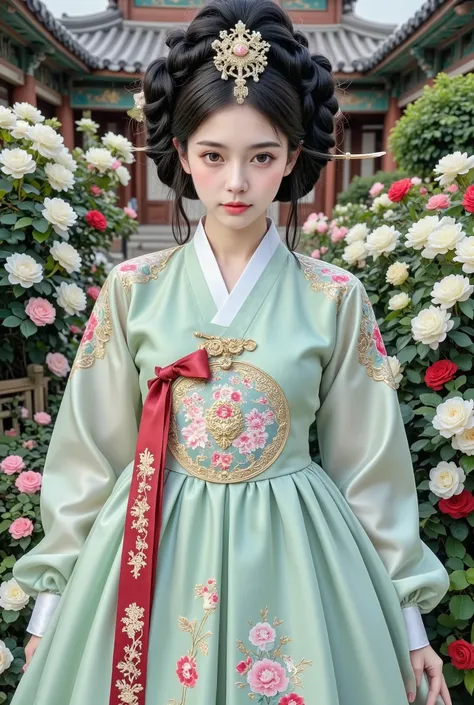 Cute girl, Joseon official uniform, Joseon princess, elegant pose, Snowy Joseon Palace, feminine gothic aesthetic, close up details, detail shot, sharp details, artistic love blow style, silkscreen art, close up photo, ultra fine ink details, silkscreen pr...