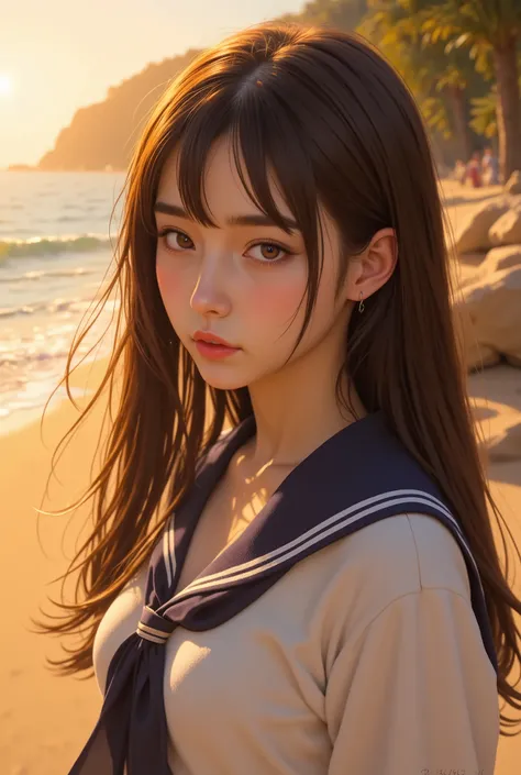 (Masterpiece:1.2), best quality, high resolution, Unity 8K Wallpaper, (super real illustration:1.0), Beautiful Details, very detailed on trends, perfect lighting, idol, long hair, straight hair, Round face Bust Up, sailor suit, Golden sand beach at sunset 