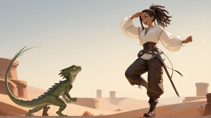 An African female woman with dreadlocks in a ponytail, wearing a medieval white baggy blouse and tunic, wearing black steampunk trousers and boots, doing a backflip in a desert, evading the bite from a giant green lizard, high quality, high detail, 8k, bes...