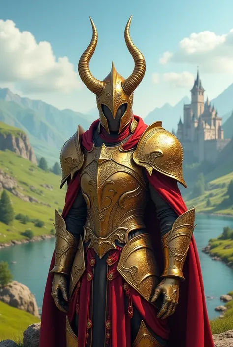  A melhor qualidade,  em resolução muito alta ,  Imagem detalhada em 4K CG , The image shows a character wearing an ornate golden and red armor with intricate details. The armor includes a helmet adorned with curved horns and elaborate patterns, emphasizin...