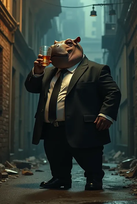  a full body photo , Bottom view of a gangster-style anthropormophic hippopotamus in an alley drinking wisk, Make a video in slow motion 