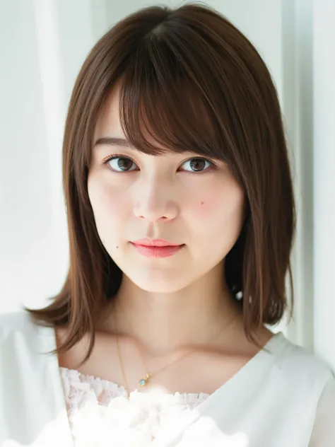 Ikuta _Erica, The image is a close-up portrait of a young Asian woman . Snow-like skin. She has brown shoulder-length hair and bangs 、 wears a white blouse and gold necklace . She looks straight into the camera with a serious expression . The backgroun...