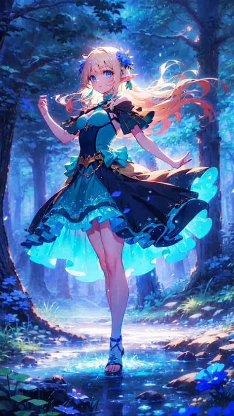 長い白いドレスに流れるような青いアクセントを持つ beautiful若い雪の女神,  Standing in a Snowy Forest ,  Long flowing white hair dancing around her ,  Sparkling Spiritual Wind Spirit ,  gentle face ,  beautiful細部まで描き込まれた目,  beautifulディテールのある唇,  very detailed face, long eyelashes,  calm e...