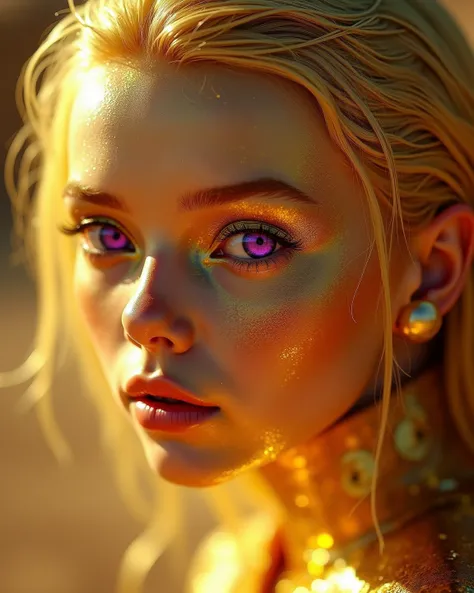 Epic futuristic, gril 25 year, girl beauty face, girl in gold, gold all, gold hair, gold skin, purple eyes, only off face, picture only face, closeup photo, awsome, very high detailed, detailed, gold, modern, futristic, 