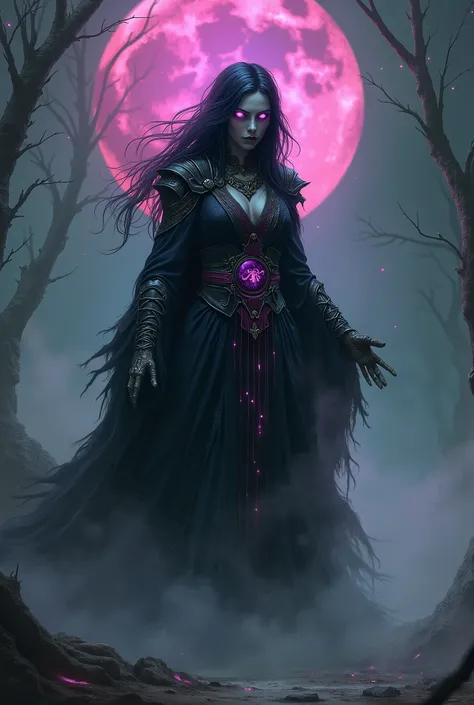 A once-powerful sorceress who fell in battle and was resurrected as an undead. Her long, flowing dark robes are interwoven with glowing, necrotic runes, and her eyes glow with an unsettling violet light. She commands the forces of death with a blend of arc...