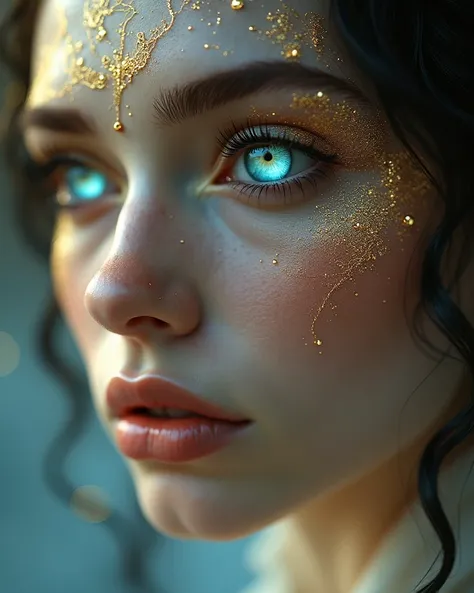 Create a hyper-realistic and fantastical portrait of a human face, blending elements of beauty and surrealism. The face should have intricate details, including lifelike skin texture, glowing eyes with a hint of mystery, and elegant, otherworldly features....