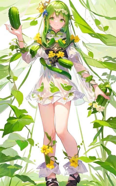 bare skin， The girl personification of a cucumber ，Has green curved cucumber hair and green eyes， with yellow flowers on the head ， The clothes on the body are the leaves of the cucumber 、Flowers、vine、Cucumber section 組合成，裙子是Cucumber section 的形狀， decorated...