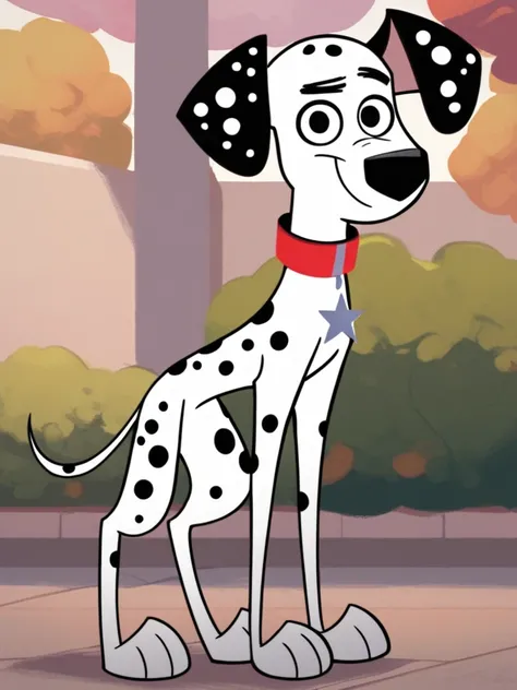 score_9, score_8_up, score_8, score_7, source_cartoon, Dylan Dalmatian, solo, 1boy, feral, dog, dog boy, Dalmatian, white and black fur, black spots, black nose, black eyes, thin tail, dog ears, red collar, star shaped tag, full body, looking at viewer, st...