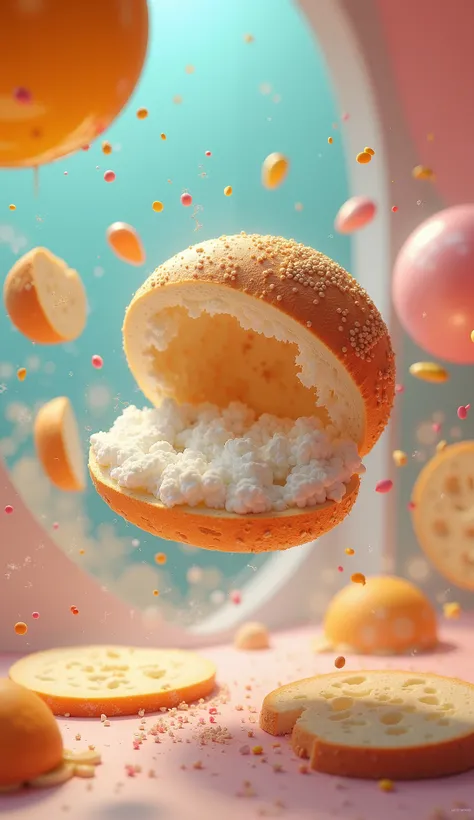 Create floating in the air of “BOM ROTI” Full Complete text, funny font type, Exploding white bread inside futuristic bread store, create colorful smoke bomb, create floating balloons with gradient color pink to violet,
Photorealistic, high quality, master...