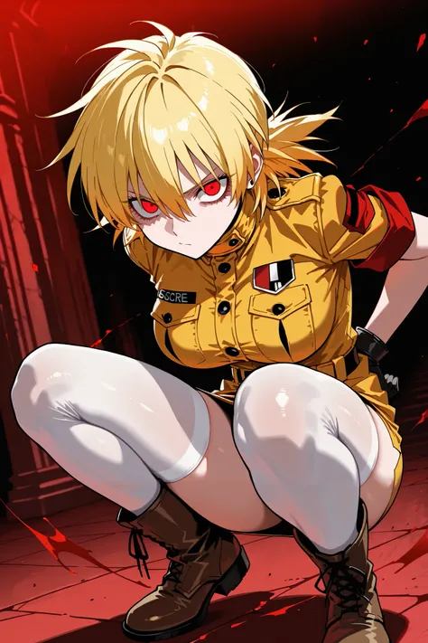 masterpiece, best quality, 8k, high resolution, amazing quality, 1girl, Seras victoria Hellsing, short blonde hair, red eyes, rage, vampire, tight yellow uniform, long white stockings, thigh-high brown boots, ultra-detailed, intricate details 