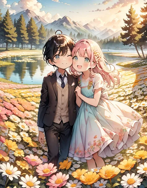 Boys and Girls, Cheek to cheek, ((Flower Field, pastel colour)), Lakeside, content:Watercolor. style:Whimsical and delicate, Like an illustration in a ren&#39;s book.