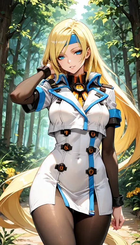 1girl, millia rage , guilty gear,cowboy shot, forest, hand on ear,medium large breasts, parted lips,seductive smile, town pantyhose, ,, masterpiece, best quality, amazing quality, detailed background, intricate details