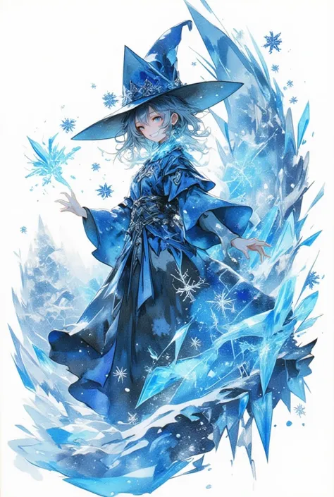 (multiple exposure: 1.2),
watercolor print collage depicting,sorcerer girl,useing ice force,she is surrounded by snowflake and ice-crystals symbols,wearing blue sorcerer dress and episcopal crown,grin,paint splatters, collage art, concept art,background is...