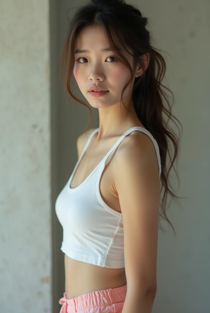 a close up of a person in shorts and a tank top, a picture by Bernardino Mei, tumblr, realism, photo of slim girl model, photo of slim girl, gorgeous young model, of a youthful japanese girl, young asian girl, 2  female model, she is about 1 , young and cu...