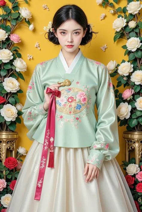 Cute girl, Joseon official uniform, Joseon princess, short hair, elegant pose, yellow background, feminine gothic aesthetic, close up details, detail shot, sharp details, artistic winter style, silkscreen art, close up photo, ultra fine ink details, silksc...