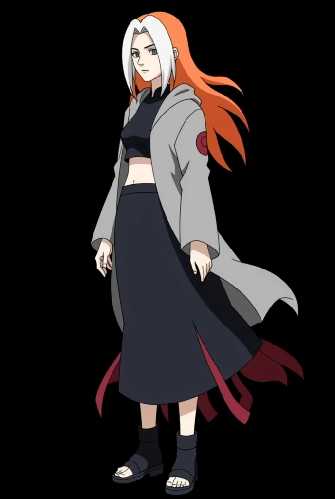 Female character of a   designed for the Naruto Classic universe, in the style of Masashi Kishimoto , Appearance:

Age: 12 anos

Appearance:

hair:  long and flaming ,  with an intense orange tone that seems to shine in the sunlight .  Two white locks high...