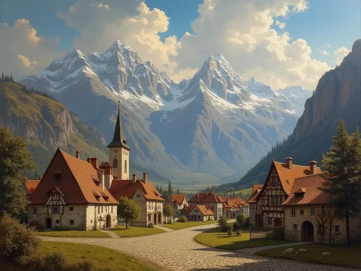 Oil painting, Dutch style,  of a small village in the mountains of Slovakia in the 17th century , towering clouds in the sky