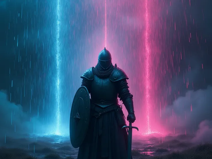 An armed soldier from medieval times looking at the dark sky and the neon colored drops of rain with neon colors 