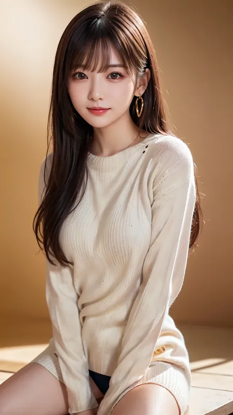 (   colorful long sleeve sweater  : 1.5), (golden and platinum background  : 1.5), ( Delicate Realistic Hair ,  Realistic black hair), bangs, smile, ((white indoor )), (  18 year old woman : 1. 2),   Young and Adorable Japanese Face ,  Official Art,   High...